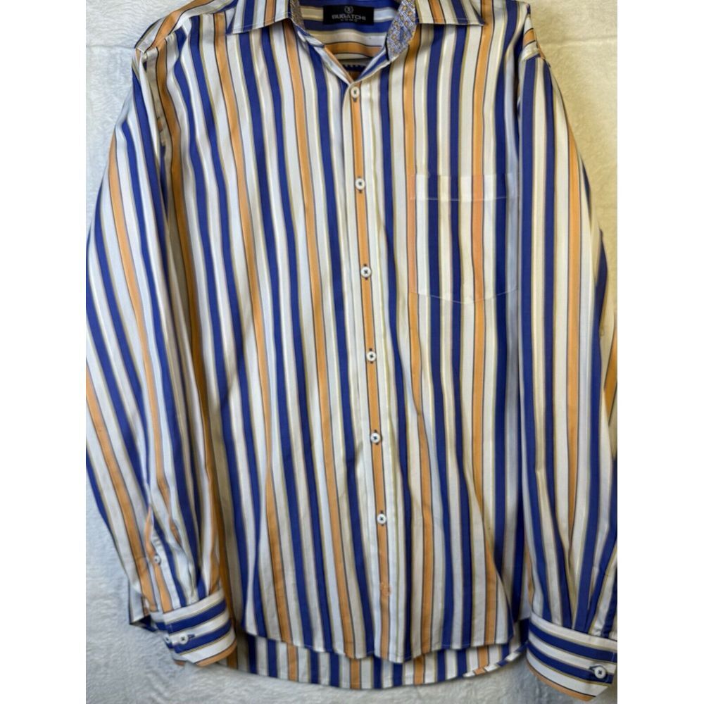 Men's Bugatchi Uomo Striped Button Down Up Size LARGE Blue White Apricot